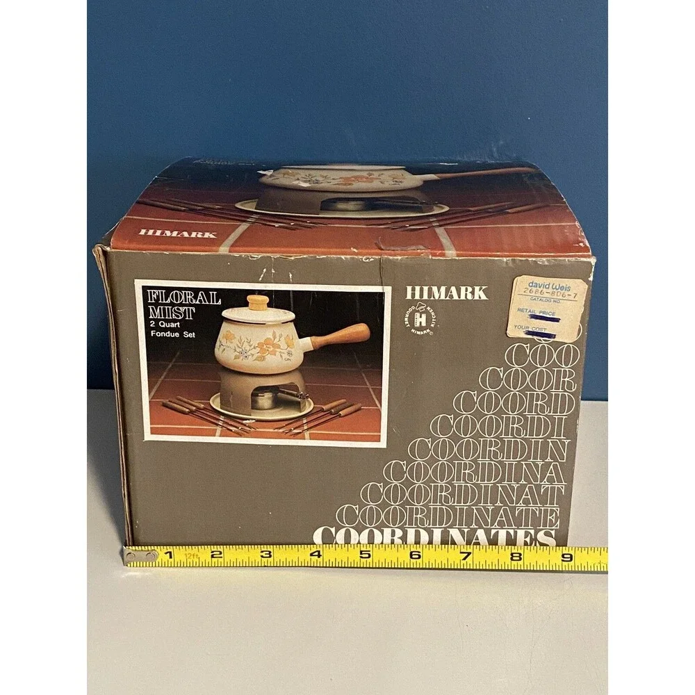 Vtg Coordinates Fondue Pot “Floral Mist” 1984 Enamel & Wood *New Open Box
